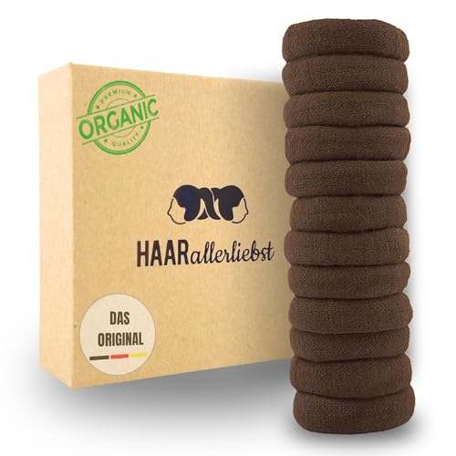 Haarallerliebst Haargummi Damen 12er Set – Haargummis soft ohne Metall aus Bio-Baumwolle & Naturkautschuk – Zopfgummi dunkelbraun für starken Halt – Schonend zu Haar & Umwelt von HAARallerliebst