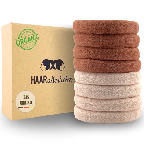 Haarallerliebst Haargummi Damen 8er Set – Haargummis soft ohne Metall aus Bio-Baumwolle & Naturkautschuk – Zopfgummi hellbraun beige für starken Halt – Schonend zu Haar & Umwelt von HAARallerliebst