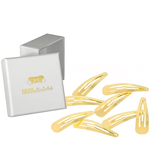 Haarallerliebst Haarspangen normale Länge für Kinder & Damen – 8 Stück in gold glänzend (5 cm) inkl. Aufbewahrungsbox weiss – Ideal für normales Haar von HAARallerliebst