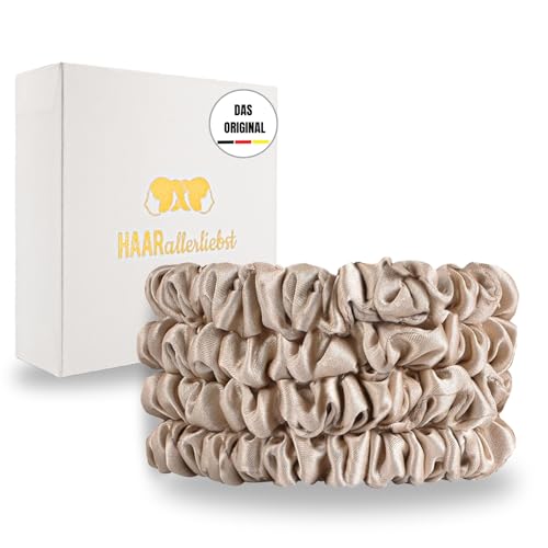 HaarallerliebstHaargummi Damen Scrunchies – 4er-Set 100 % Seide Haargummis in Beige – Dünne Silk Hair Ties mit Geschenkbox – Scrunchie Seide | Silk | Seiden Scrunchie von HAARallerliebst