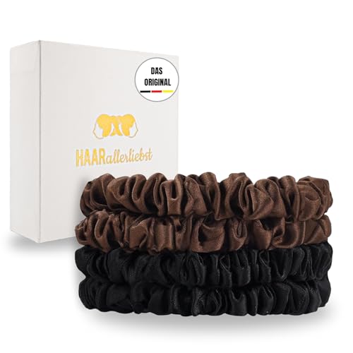 HaarallerliebstHaargummi Damen Scrunchies – 4er-Set 100 % Seide Haargummis in braun schwarz – Dünne Silk Hair Ties mit Geschenkbox – Scrunchie Seide | Silk | Seiden Scrunchie von HAARallerliebst