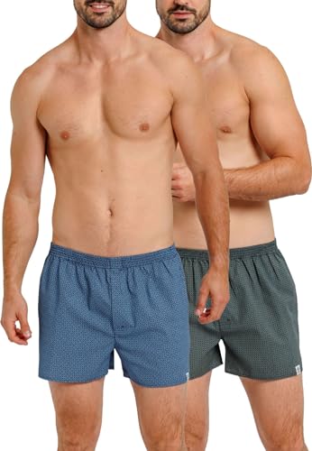 HAASIS BODYWEAR, Herren Web-Boxer, GOTS zertifiziert, 2er Pack mit Eingriff, Webstoff, Baumwolle KBA, Größe:L, Farbe:navy/print von HAASIS BODYWEAR 1919