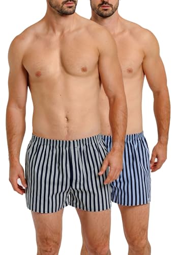 HAASIS BODYWEAR, Herren Web-Boxer, GOTS zertifiziert, 2er Pack mit Eingriff, Webstoff, Baumwolle KBA, Größe:L, Farbe:navy-Streifen von HAASIS BODYWEAR 1919