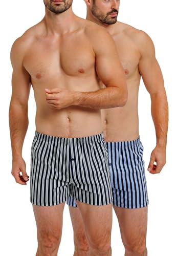 HAASIS Bodywear, Herren Jersey Boxer, GOTS Zertifiziert, 2er Pack mit Eingriff, Single Jersey, Baumwolle KBA, Größe:M, Farbe:Navy-Streifen von HAASIS BODYWEAR 1919