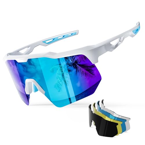 HAAYOT Polarized Cycling Glasses,Sports Sunglasses for Men Women,Baseball Biking Running Fishing Sunglasses with 5 Interchangeable Lenses Azure Blue von HAAYOT