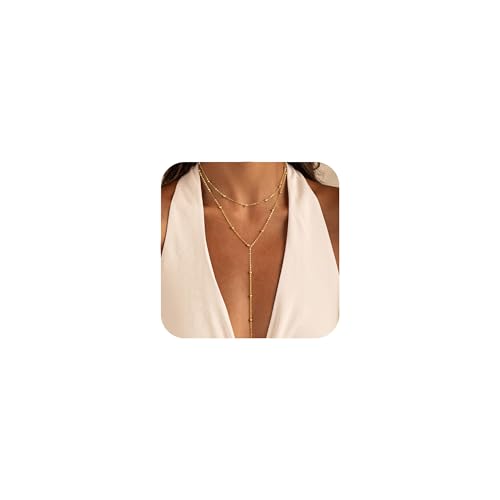 HABIKIP Gold/versilberte Halskette für Damen, zierliche, mehrlagige lange Halsketten für Frauen, trendige, einfache Perlenkette, Y-Halskette, wasserdicht, Schmuckgeschenke, Vergoldet, Kein Edelstein von HABIKIP