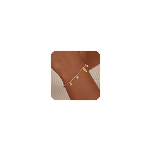 HABIKIP Goldperlen-Armbänder für Damen, 14 Karat vergoldet, Süßwasserperlen, zierliches Herz-Perlenarmband, Stretch-Armbänder, Charm, Modeschmuck, Geschenke für Frauen, 6.5+1.5, Gelbgold, Kein von HABIKIP
