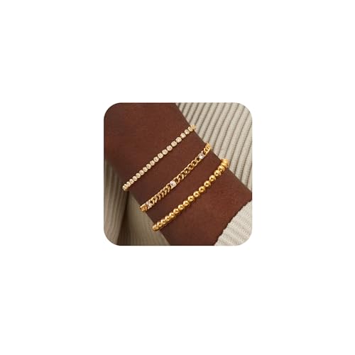 HABIKIP Goldperlen-Armbänder für Frauen, zierliches 14 Karat vergoldetes Armband, stapelbare Armbänder, wasserdicht, verstellbar, kein Anlaufen, Schmuckzubehör für Frauen, Weihnachtsgeschenke, 6.5in von HABIKIP