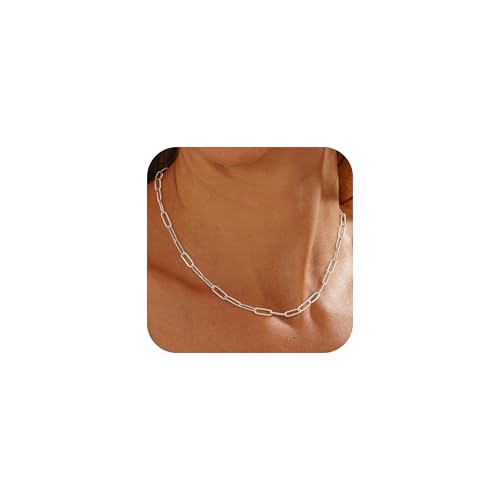 HABIKIP Klobige silberne Choker-Halskette für Frauen, silberne zierliche Büroklammer-Kette für Frauen, trendig, 45,7 cm, schlicht, lang, dick, minimalistisch, ästhetisch, modisch, Glieder-Halskette von HABIKIP