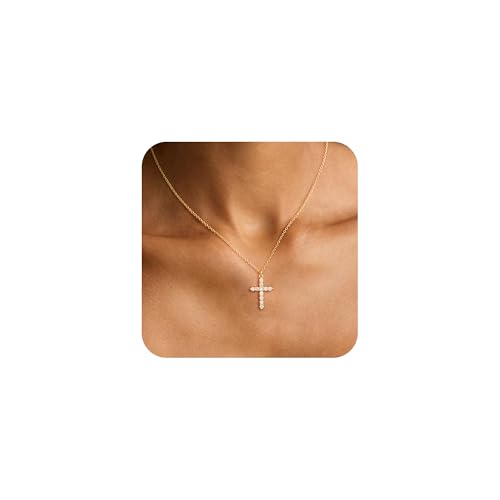HABIKIP Kreuz-Halskette für Damen, zierliche 14 Karat vergoldet/silberfarbene Kreuzkrone, Zirkonia-Anhänger, Halskette für Damen, trendig, läuft nicht an, Gold/Silber/Roségold, einfache Halskette von HABIKIP