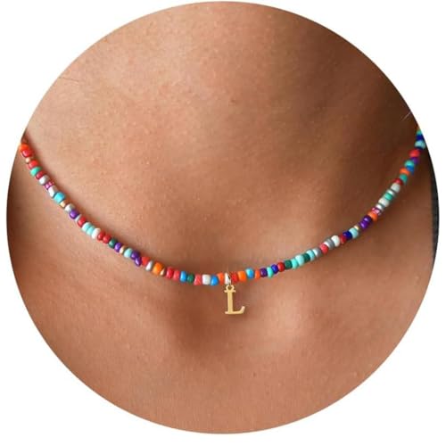 Bunte Perlenkette für Frauen Mädchen - Handgefertigt Boho Perlen Buchstaben Kette Personalisierte Geschenk für Geburtstag, Geschenke für Frauen Muttertag, Teenager Mädchen Geschenke Schmuck - L von HABNI