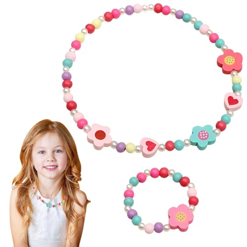 HABNI 1 Set Kinderkette Mädchen Holz Kinder Schmuck Set Blumen Perlen Halskette und Armband Geschenk für Mädchen Geburtstag Party Dress Up Kostüm Zubehör von HABNI