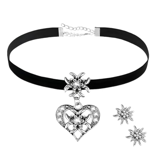 HABNI 1 Stück Bierfest Damen Trachtenkette Herz Edelweiß Halskette Elegantes Kropfband mit Strasssteinen Herz und Edelweiß Anhänger Schwarz von HABNI