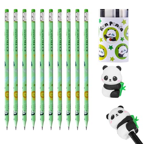 HABNI 10 Stück 2B Bleistifte, Panda Bleistifte mit Radiergummi, mit Radiergummi am Ende, mit Bleistiftspitzer und Radiergummi, Zeichnen von Kindern in der Schule und zu Hause, Panda Design von HABNI