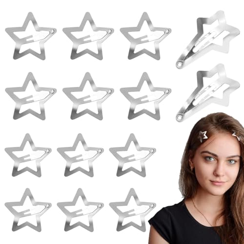 HABNI 14 Stück Stern Haarspangen Silber Y2K Haarschmuck Pentagramm Hair Clips Und Meteor Haarspange Für Mädchen Und Frauen 2 Größe 3Cm 5Cm von HABNI