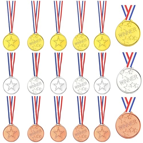 HABNI 15 Stück Medaillen Kinder, Goldmedaillen Kinder Sieger Medallien Super Medallien Podium Kindergeburtstag Kinder(5 Goldmedaillen + 5 Silbermedaillen + 5 Bronzemedaillen) von HABNI