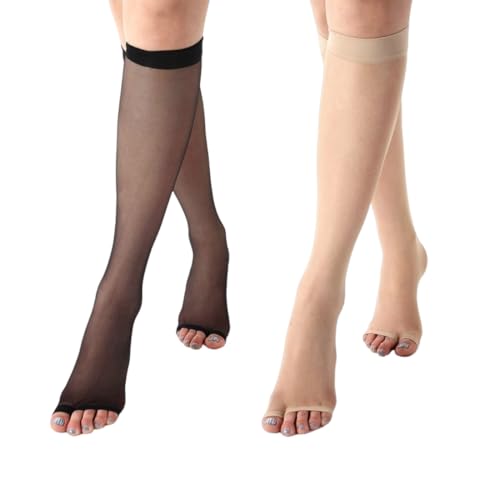 HABNI 2 Paar Zehenfreie Kniestrümpfe Feine Damen Kniestrümpfe Für Peep Toe Open Toe Strümpfe Hautfarbe Schwarz Einheitsgröße von HABNI