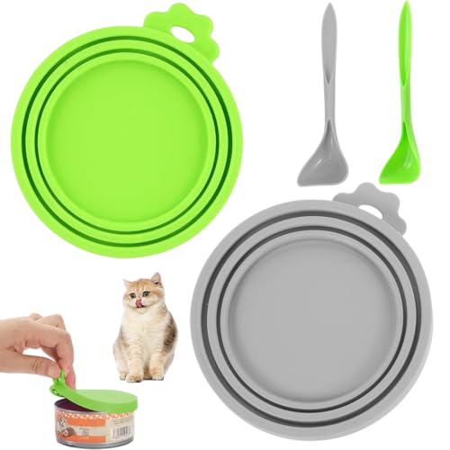 HABNI 2 Stück Deckel Für Dosen Mit 2 Löffel Universalgröße Tierfutter Dosendeckel Silikondeckel Für Hundefutter Und Katzenfutter Passend Für 3 Dosendeckel In Standardgröße Grün Grau von HABNI