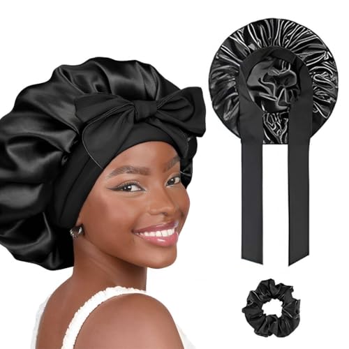 HABNI 2 Stück Schlafmütze Satin Bonnet Nacht Schlaf Mütze Verstellbare Schlafkappe Kopfbedeckung Weiche Kopfhaube Schlafhaube Seide mit Gummizug für Damen und Mädchen von HABNI