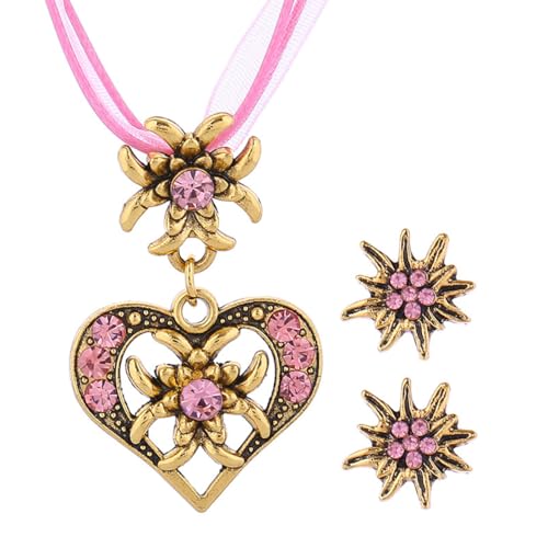 HABNI 3 Stück Trachtenschmuck Set Bayerisch Dirndlschmuck Trachtenkette mit Strass Edelweiß Herz Anhänger und Edelweiß Ohrstecker für Damen Bierfest Trachten Dirndl Outfit Accessoires, Rosa von HABNI