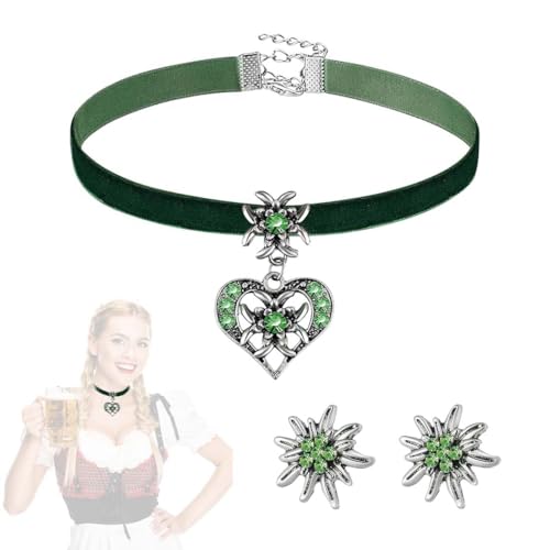 HABNI 3 Stück Trachtenschmuck Set Bayerisch Schmuck Trachtenkette Mit Strass Herz Anhänger Und Ohrstecker Für Damen Bierfest Trachten Outfit Accessoires Grün von HABNI