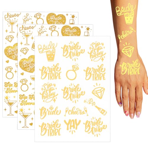 HABNI 4 Blatt Braut Bachelorette Temporäre Tattoos Bachelorette Party Gadgets Braut Team Dekorationen Hochzeitspartys Brautdusche, JGA Tattoos in Gold metallic von HABNI