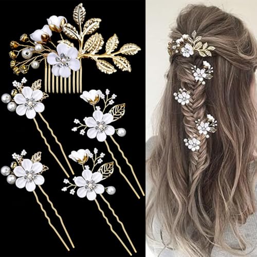 HABNI 4 Stück Haarspange Blume Braut Haarspangen Gold Perle Haarnadeln Haarspange Gold Braut Haarschmuck Perlen Haar Blume Hochzeit Haarschmuck Kommunion Mädchen Hairpin von HABNI