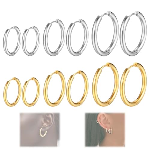 HABNI 6 Paare Kleine Creolen Ohrringe Für Damen Herren Chirurgenstahl Knorpel Huggie Ohrringe Snug Lobe Nase Lippen Daith Helix Piercing Schmuck Winzige Hoop Hinged Schläferohrringe 10/12/14Mm von HABNI
