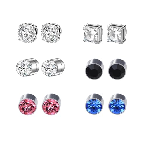 HABNI 6 Paare Magnetische Ohrringe Herren Magnetische Ohrringe Kein Piercing Nicht Durchbohrend Ohrringe Herren Damen Set Rund Quadratisch Silber Blau Rosa Schwarz von HABNI