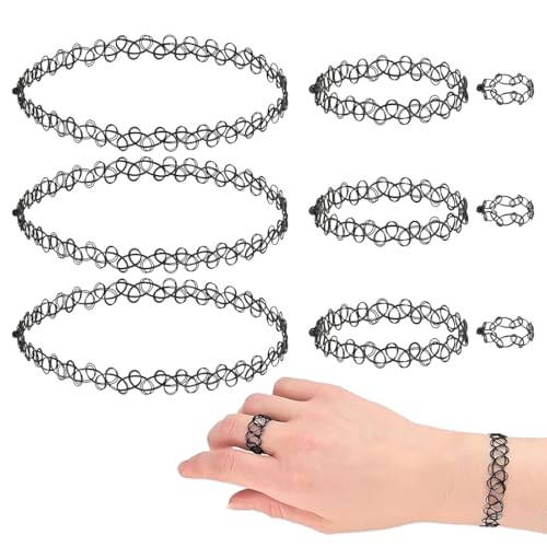 HABNI 9 Stück Choker Halskette Sets,Elastische Tattoo-Halsband,Ringe,Armbänder,Jeweils 3 Stück,Boho-Stil,90Er Jahre Accessoires Für Mädchen(Schwarz) von HABNI