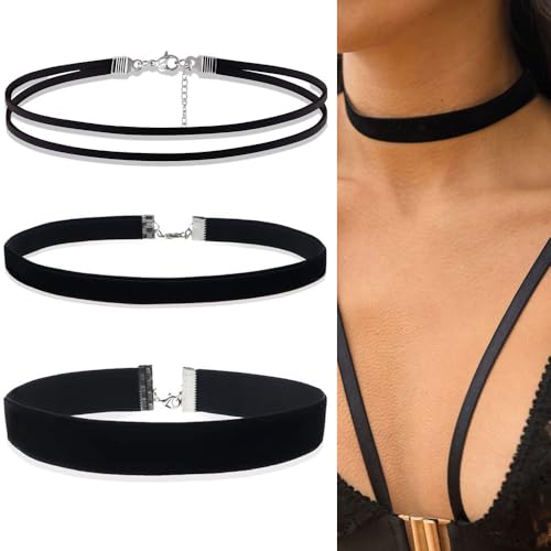 HABNI Choker Kette Damen 3-Teilig Schwarz Samt Verstellbar Klassisch Halskette Für Dancing Halloween Geburtstag Party Cosplay von HABNI