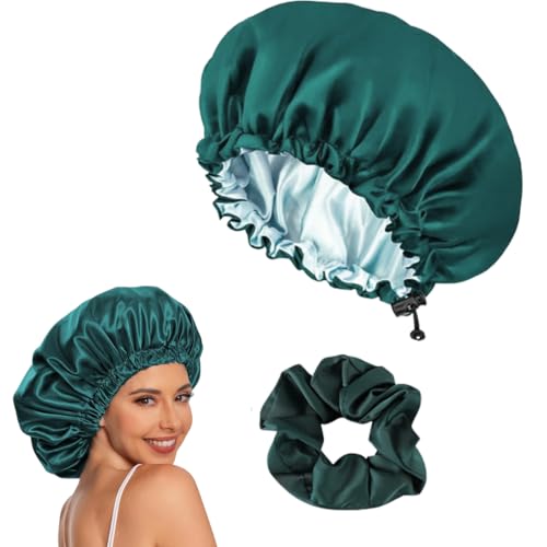 HABNI Doppelschichtige Satinhaube Seidenhaube Zum Schlafen Verstellbare Haube Für Frauen Mit Lockigem Natürlichem Haar Mit Hairband Grün von HABNI