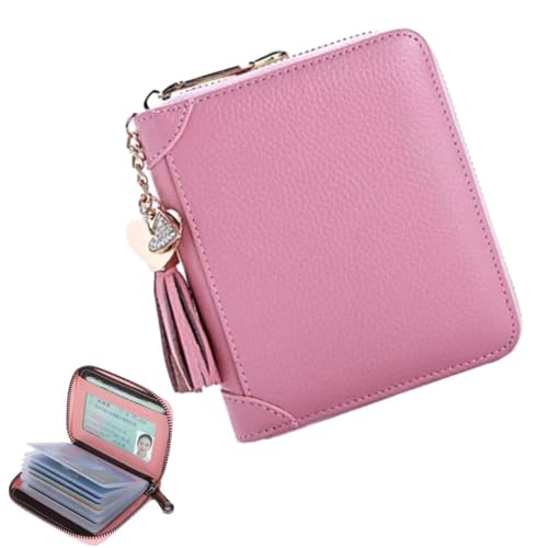 HABNI Smart Wallet Rfid Blocking Lederetui Für Damen, Echtes Leder Kreditkartenhalter Mit Edelstahl Reißverschluss Kompakt Für 22 Karten In Pink 1 Stück von HABNI