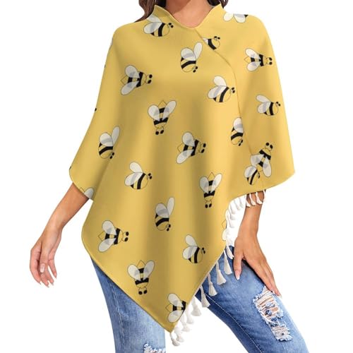 HABXNJF Damen Casual Poncho Top, niedlicher Bienenschal für Frauen, Wickelschal mit Quasten für Herbst, Winter, Weiß-süße Biene, One size von HABXNJF