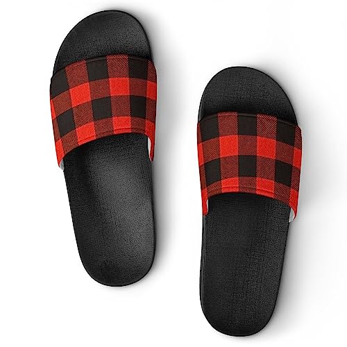 HABXNJF Duschpantoffeln Rot Schwarz Büffel Karo Slider für Männer und Frauen Rutschfeste Slides für Indoor Outdoor, Schwarz Rot Schwarz Büffelkaro, 39 2/3 EU von HABXNJF