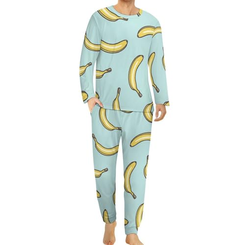HABXNJF Herren Schlafanzug mit Rundhalsausschnitt, Gelb Banane Pyjama für Männer, Herren Pyjama mit Taschen, Yellow Banana, XL von HABXNJF