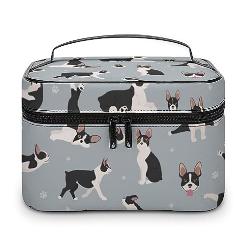 HABXNJF Leder Reise Kosmetiktasche Kuchen Teekanne Floral Make-up Tasche Wasserdicht Kulturbeutel mit Griff für Reisen Täglich, Boston Terrier Hund, 25x18x15cm von HABXNJF