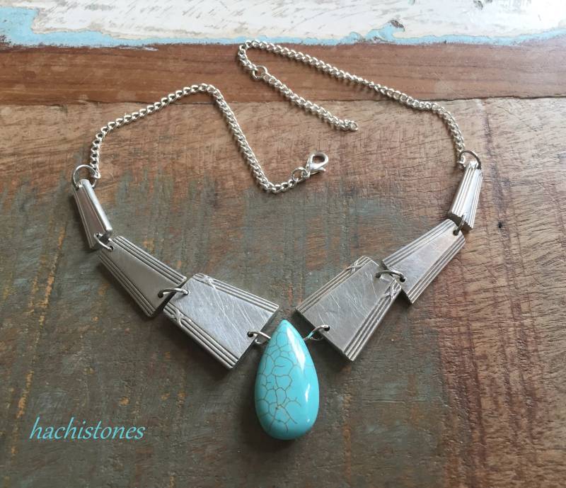 Besteckschmuck - Collier Aus Zwei Versilberten Essgabeln Kette Besteck Schmuck Türkis Türkiser Howlith Boho Kreuzband von HACHISTONES