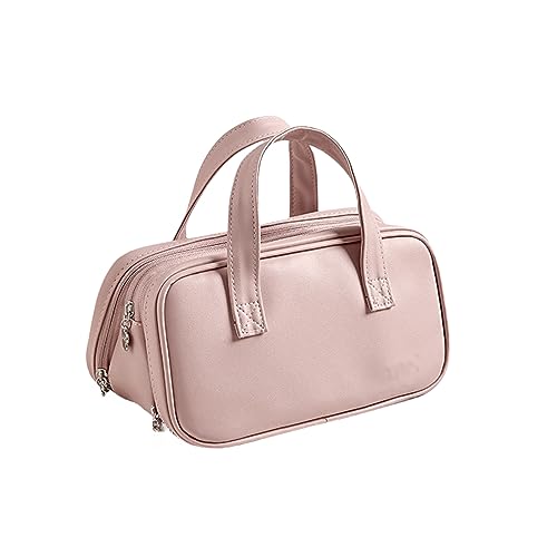 Lederkosmetikbeutel, Make Up Taschen Für Frauen, Waschtasche Fahrt Großer Toilettenbeutel Make Up Tasche Mit Griff Und Teiler,Rosa von HACLEN