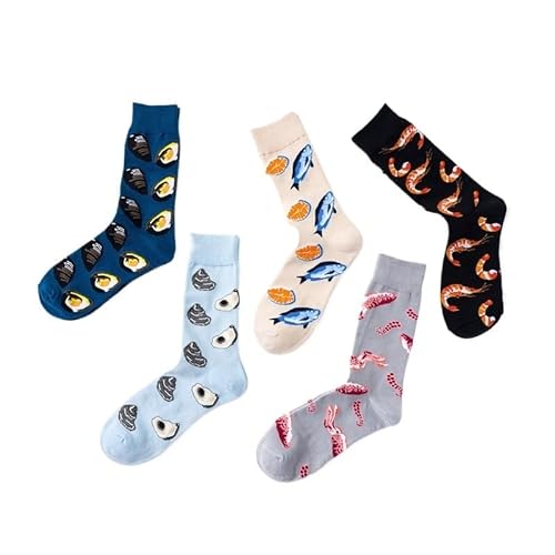 HACODAN 5 Paar Meeresfrüchte-Baumwollsocken, Vintage-Socken, Retro-Socken, ethnische Fischsocken, Knöchelsocken für Männer und Frauen, Crew-Socken, 5 Paar Meeresfrüchte, Einheitsgröße von HACODAN