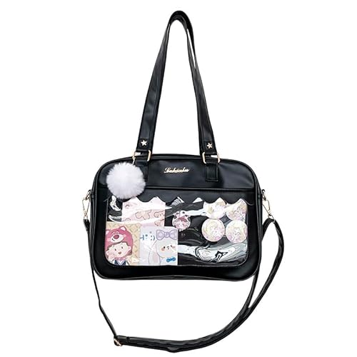 Ita Bag Crossbody Tragetasche Kawaii Niedliche Pin Display Tasche Messenger Japanisch Transparent Klar Schultertaschen, Schwarz+Pelz Ball von HACODAN