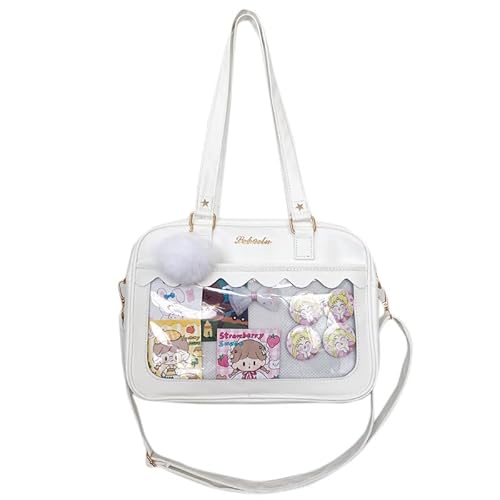 Ita Bag Crossbody Tragetasche Kawaii Niedliche Pin Display Tasche Messenger Japanisch Transparent Klar Schultertaschen, Weiß+Pelz Ball von HACODAN