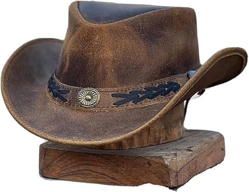 Formbarer Outback Hut Western Style Leder Cowboyhut für Damen und Herren breite Krempe Vintage Old Style, Crazy Brown, MEDIUM Formbarer Outback Hut Western Style Leder Cowboyhut für Damen und Herren breite Krempe Vintage Old Style, Crazy Brown, MEDIUM von HADZAM