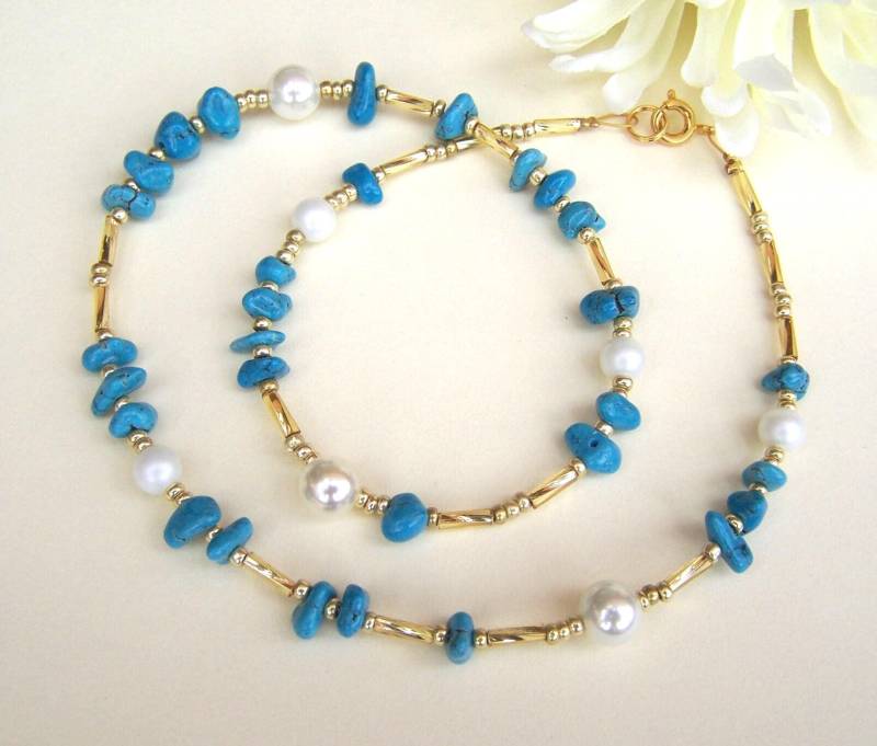 Edelsteinkette Türkis Und Goldfarben Geschenk Frauen Geburtstag Collier Halsschmuck Hochzeitstag Muttertag Weihnachten Jubiläum von HAEKELKETTENundmehr