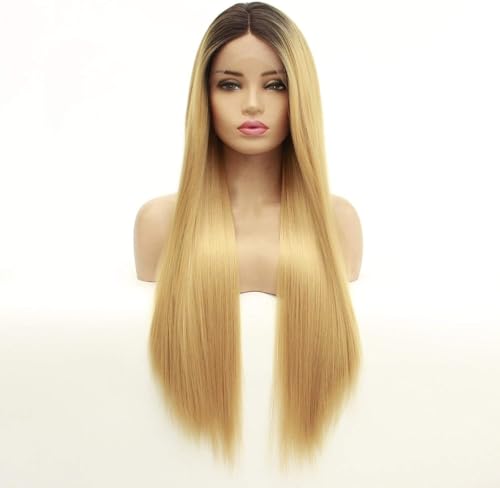 Dunkles Haar, braun, lange, gerade Ombre-Blond-Perücke for schwarze Frauen, natürliche Gefühlsfaser, Kunsthaar-Ersatz-Perücke, tägliche Perücke, 66 cm. Mode von HAENJA