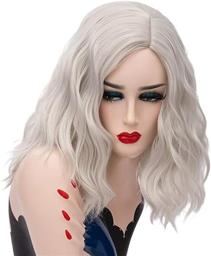 Kurze, tiefe Wellen-Synthetik-Perücke for Damen, 40,6 cm, schulterlange Locken, mehrfarbig, silberfarben und weiß, Faser-Haarteile, Party-Zubehör (F10) Mode von HAENJA