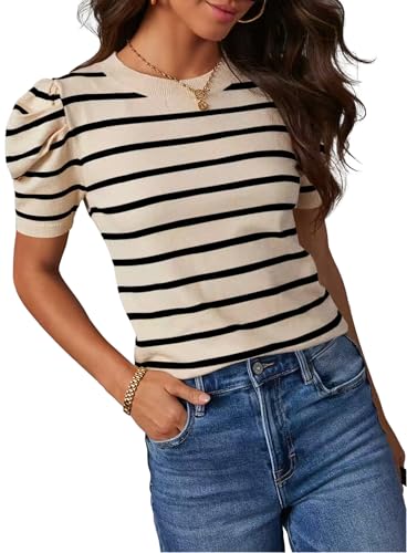 HAEOF Damen 2024 Frühling Sommer Puff Kurzarm Pullover Tops Rundhalsausschnitt Gestreift Casual Leichte Strick-T-Shirts Blusen, Beige, Mittel von HAEOF