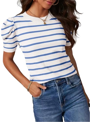 HAEOF Damen gestreifte Puffärmel Business Casual Tops Frühling Sommer Trendy Leichte Pullover Arbeitshemden Blusen, Blau, Klein von HAEOF