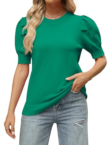 HAEOF Damen 2025 Frühling Sommer Tops Trendy Puff Kurzarm Pullover Business Casual Outfits Arbeit Blusen Mode Kleidung, Solid Green, Groß von HAEOF