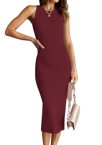 HAEOF Damen 2025 Sommer Bodycon Midikleid Casual Ärmellos Gerippt Pullover Rücken Schlitz Date Cocktail Party Arbeit Lange Kleider, Weinrot, Mittel von HAEOF